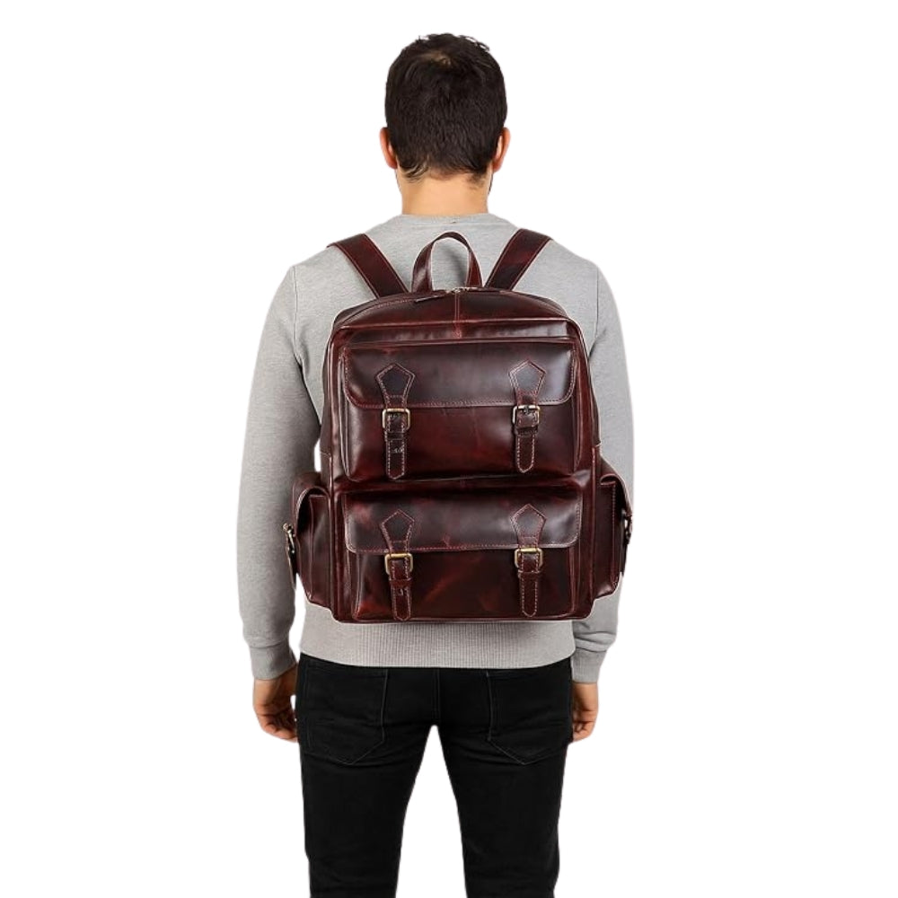 Burgundy Leather Backpack for Men – Vintage Full-Grain Multi-Pocket Laptop Bag with Dual Buckle Flap Design – Stylish Handmade Office, College & Travel Rucksack